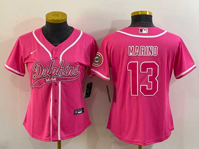 Womens Miami Dolphins #13 Dan Marino Pink With Patch Cool Base Stitched Baseball Jersey